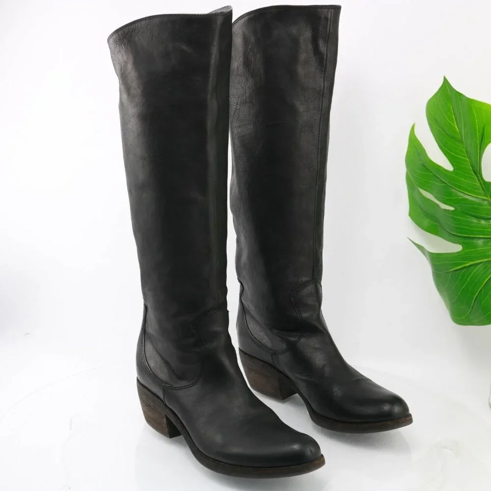 Vic Matie Womens Tall Boot Size 7.5 Black Leather Western Riding Low Heel Italy - Picture 11 of 11